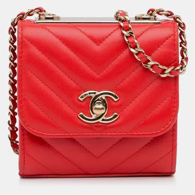 Pre-owned Chanel Red Mini Chevron Lambskin Trendy Cc Chain Wallet
