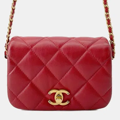 Pre-owned Chanel Red Mini Quilted Calfskin Nailed Cc Flap