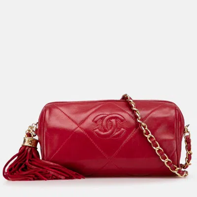 Pre-owned Chanel Red Mini Quilted Lambskin Tassel Barrel Crossbody