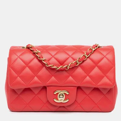 Pre-owned Chanel Red Mini Rectangular Classic Lambskin Single Flap