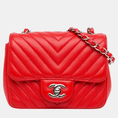 Pre-owned Chanel Red Mini Square Classic Chevron Caviar Single Flap