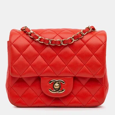 Pre-owned Chanel Red Mini Square Classic Lambskin Single Flap