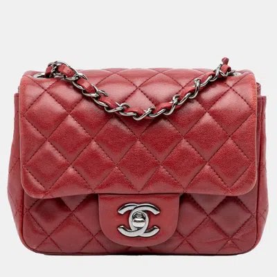 Pre-owned Chanel Red Mini Square Classic Lambskin Single Flap