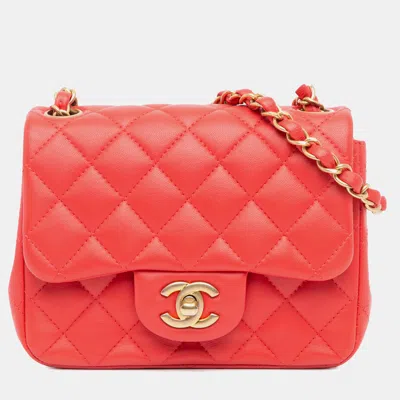 Pre-owned Chanel Red Mini Square Classic Lambskin Single Flap