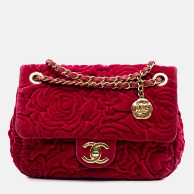Pre-owned Chanel Red Mini Velvet Camellia Flap