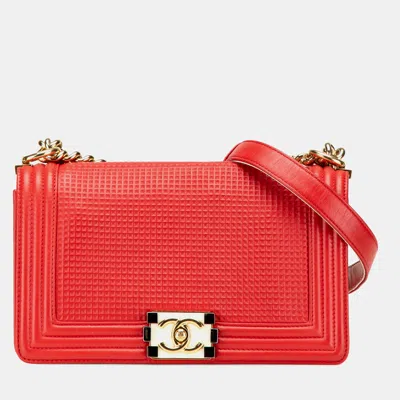 Pre-owned Chanel Red Old Medium Lambskin Embossed Cube Boy Flap