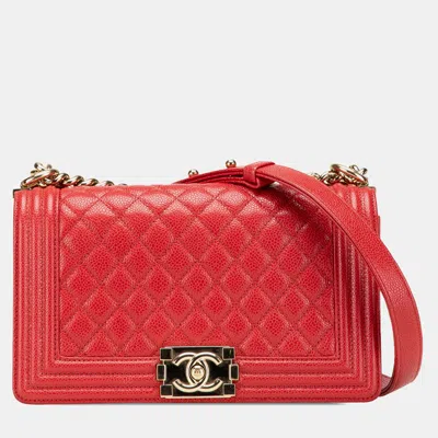 Pre-owned Chanel Red Old Medium Quilted Caviar Boy Flap