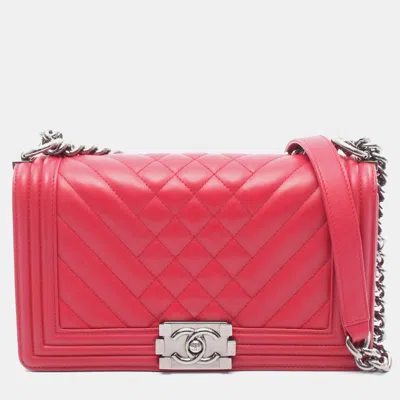 Pre-owned Chanel Red Old Medium Quilted Lambskin Boy Flap Bag