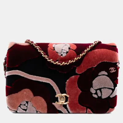 Pre-owned Chanel Red Paris Cosmopolite Velvet Camellia Flap