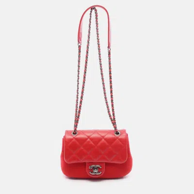 Pre-owned Chanel Red Paris Salzburg Mini Quilted Glazed Calfskin And Felt Edelweiss Flower Flap