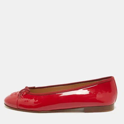Pre-owned Chanel Red Patent Leather Cc Cap Toe Bow Ballet Flats Size 40.5
