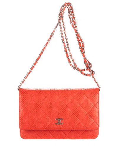 Pre-owned Chanel Red Perforated Lambskin Quilted Leather Wallet On Chain (authentic Pre-  Loved)
