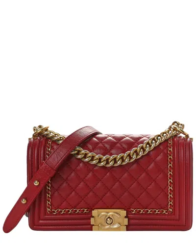 Pre-owned Chanel Red Quilted Aged Calfskin Leather Medium Jacket Boy Flap Bag (authentic )