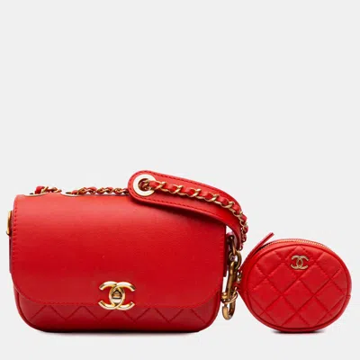 Pre-owned Chanel Red Quilted Calfskin Multi Pouching Flap