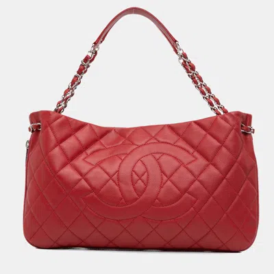 Pre-owned Chanel Red Quilted Caviar Expandable Zip Tote