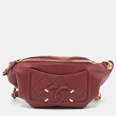 Pre-owned Chanel Red Quilted Caviar Leather Filigree Belt Bag