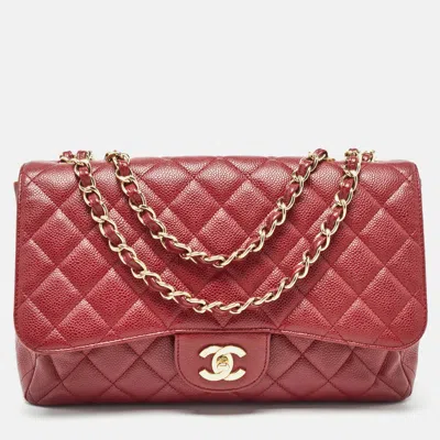 Pre-owned Chanel Red Quilted Caviar Leather Jumbo Classic Single Flap Bag