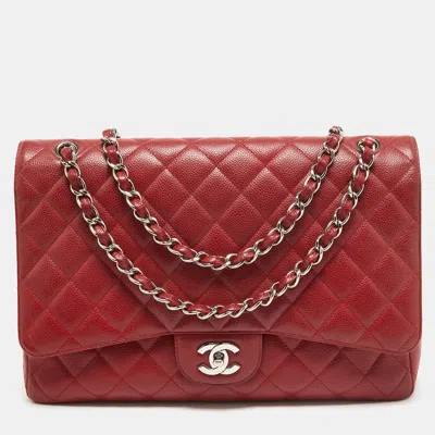 Pre-owned Chanel Red Quilted Caviar Leather Maxi Classic Single Flap Bag