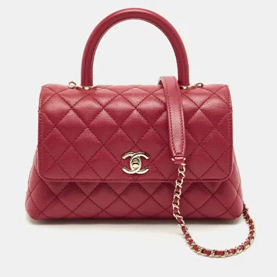 Pre-owned Chanel Red Quilted Caviar Leather Mini Coco Top Handle Bag
