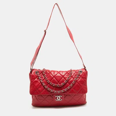 Pre-owned Chanel Red Quilted Caviar Leather Xl Classic Flap Messenger Bag