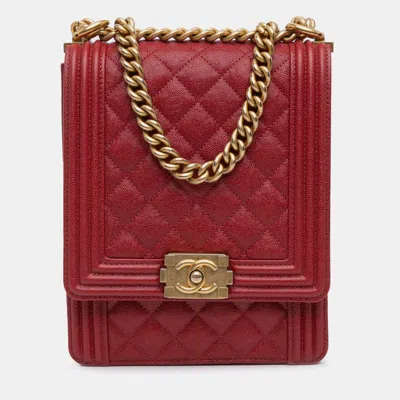 Pre-owned Chanel Red Quilted Caviar North South Boy Flap