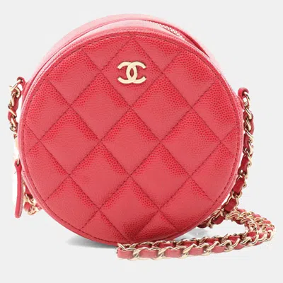 Pre-owned Chanel Red Quilted Caviar Round Clutch With Chain