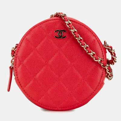 Pre-owned Chanel Red Quilted Caviar Round Clutch With Chain