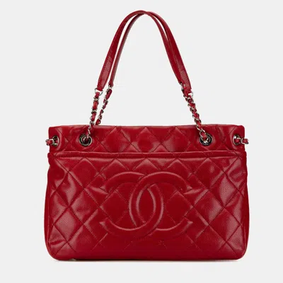 Pre-owned Chanel Red Quilted Caviar Soft Tote