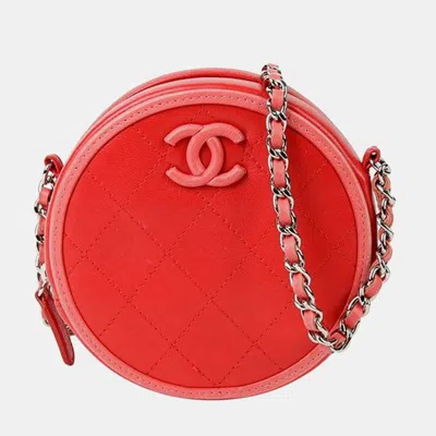 Pre-owned Chanel Red Quilted Lambskin Color Pop Round Clutch With Chain