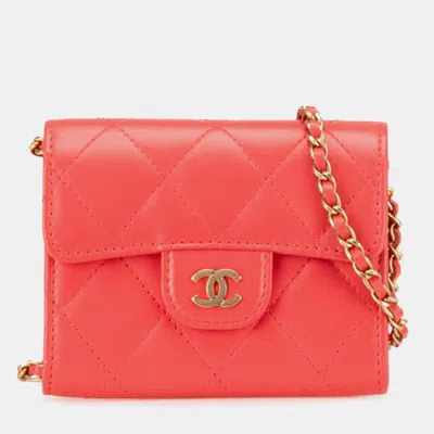 Pre-owned Chanel Red Quilted Lambskin Flap Card Holder On Chain
