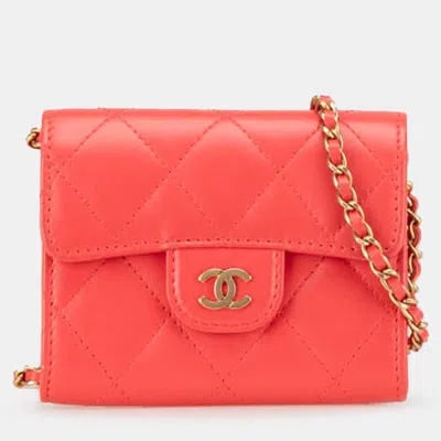 Pre-owned Chanel Red Quilted Lambskin Flap Card Holder On Chain