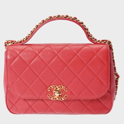 Pre-owned Chanel Red Quilted Lambskin Top Handle Bag