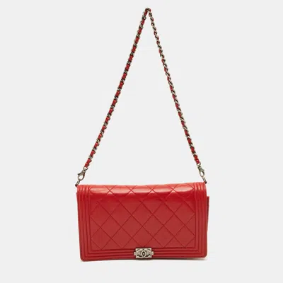 Pre-owned Chanel Red Quilted Leather Boy Flap Wallet On Chain