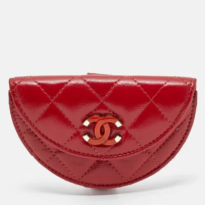 Pre-owned Chanel Red Quilted Leather Cc Flap Wrist Coin Purse