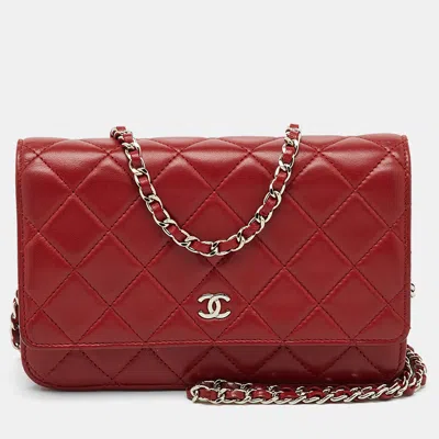 Pre-owned Chanel Red Quilted Leather Classic Wallet On Chain
