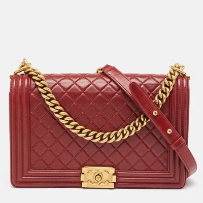 Pre-owned Chanel Red Quilted Leather New Medium Boy Bag