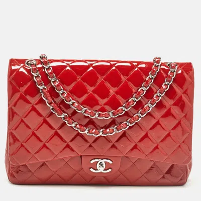 Pre-owned Chanel Red Quilted Patent Leather Maxi Classic Double Flap Bag