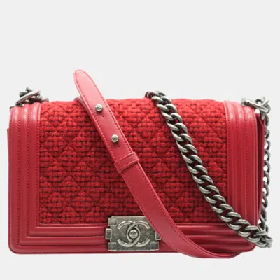 Pre-owned Chanel Red Quilted Tweed Lambskin Old Medium Boy Bag