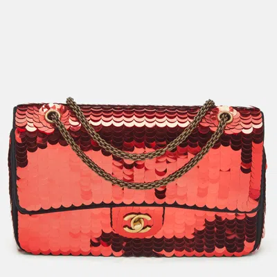 Pre-owned Chanel Red Sequin Satin Medium Paris-shanghai Classic Double Flap Bag
