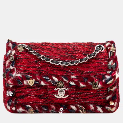 Pre-owned Chanel Red Small Classic Tweed Charm Double Flap