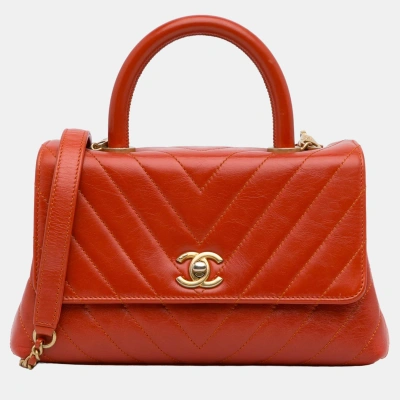 Pre-owned Chanel Red Small Lambskin Chevron Coco Handle Satchel