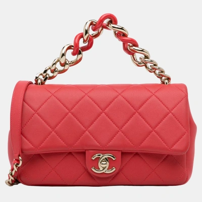 Pre-owned Chanel Red Small Lambskin Elegant Chain Single Flap