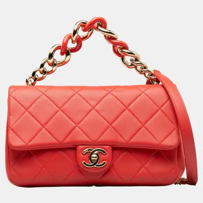 Pre-owned Chanel Red Small Lambskin Elegant Chain Single Flap