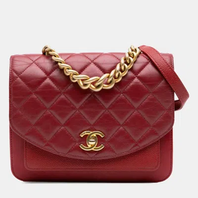 Pre-owned Chanel Red Small Quilted Calfskin And Caviar Chain Handle Flap