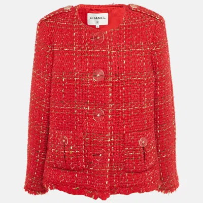 Pre-owned Chanel Red Tweed Big Buttons Jacket Xxl In Black