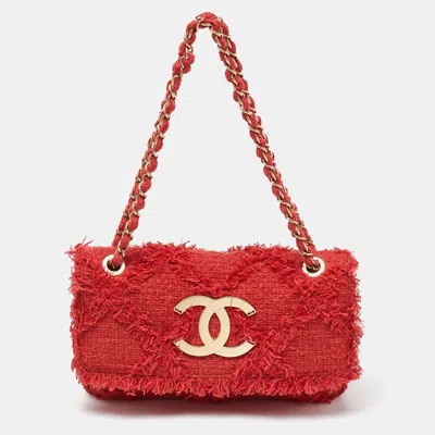 Pre-owned Chanel Red Tweed Cc Mania Flap Shoulder Bag