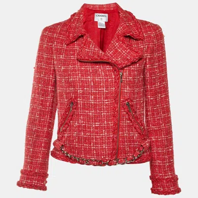 Pre-owned Chanel Red Tweed Zip Up Chain Detail Jacket S
