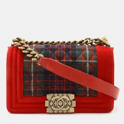Pre-owned Chanel Red Velvet And Quilted Plaid Paris-edinburgh Boy Bag