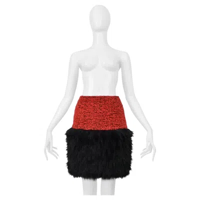 Pre-owned Chanel Red Velvet Tweed Skirt With Black Faux Fur 1994