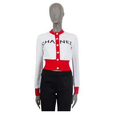 Pre-owned Chanel Red White Cotton 2019 Iconic Logo Cropped Cardigan Sweater 36 Xs